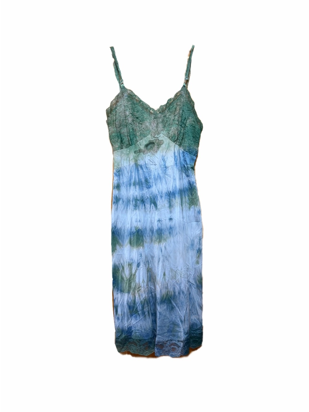 Blue-Green Tie-Dye Slip Dress with Lace Trim
